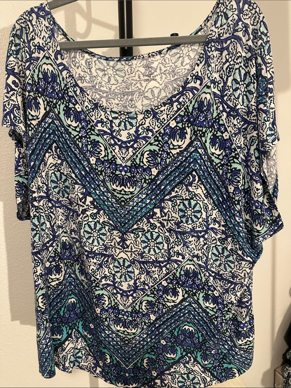 Blue & White Scoop-Neck Printed Tunic Top